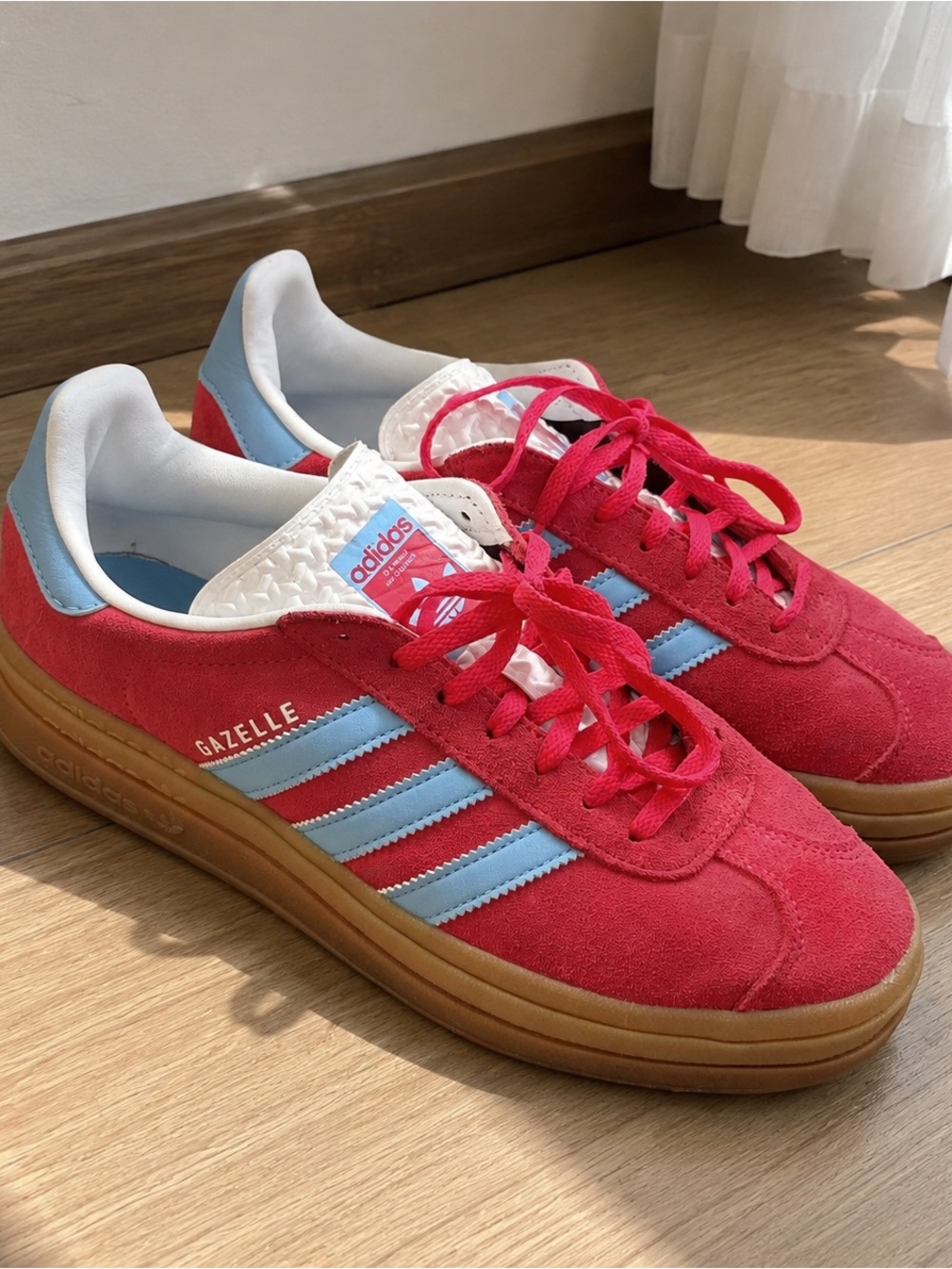adidas Gazelle Women’s Red Suede Sneakers with Light Blue Stripes and Gum Sole